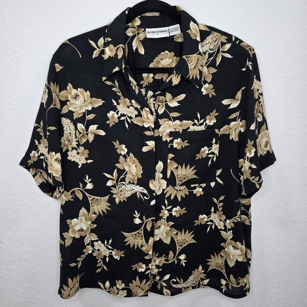 Aldred Dunner Womens Short Sleeve Froral Print Button-Down Blouse Size 16
